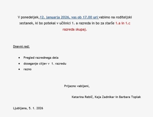 VABILO NA RODITELJSKI SESTANEK ZA 1.A in 1.C