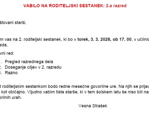 VABILO NA RODITELJSKI SESTANEK ZA 2.A RAZRED